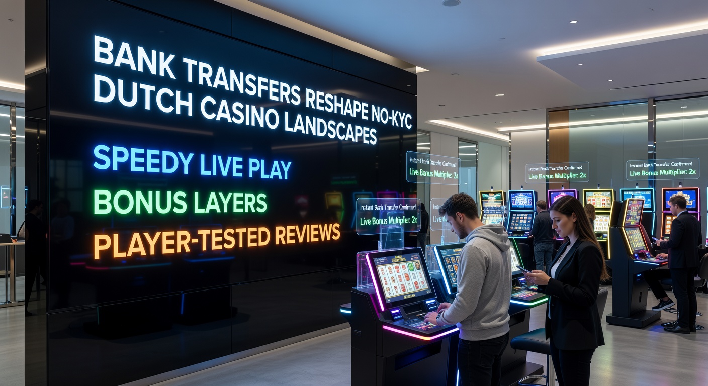 Grafiek van bankoverschrijvingen die het tempo in Nederlandse no-KYC casinos versnellen, met live dealers en bonusiconen op de achtergrond