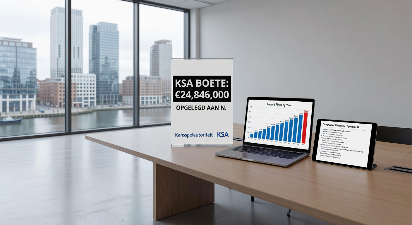 Grafiek met stijgende boetes van KSA tegen illegale casino's, inclusief iconen voor crypto en leeftijdschecks, symboliserend de recordstraf aan Novatech