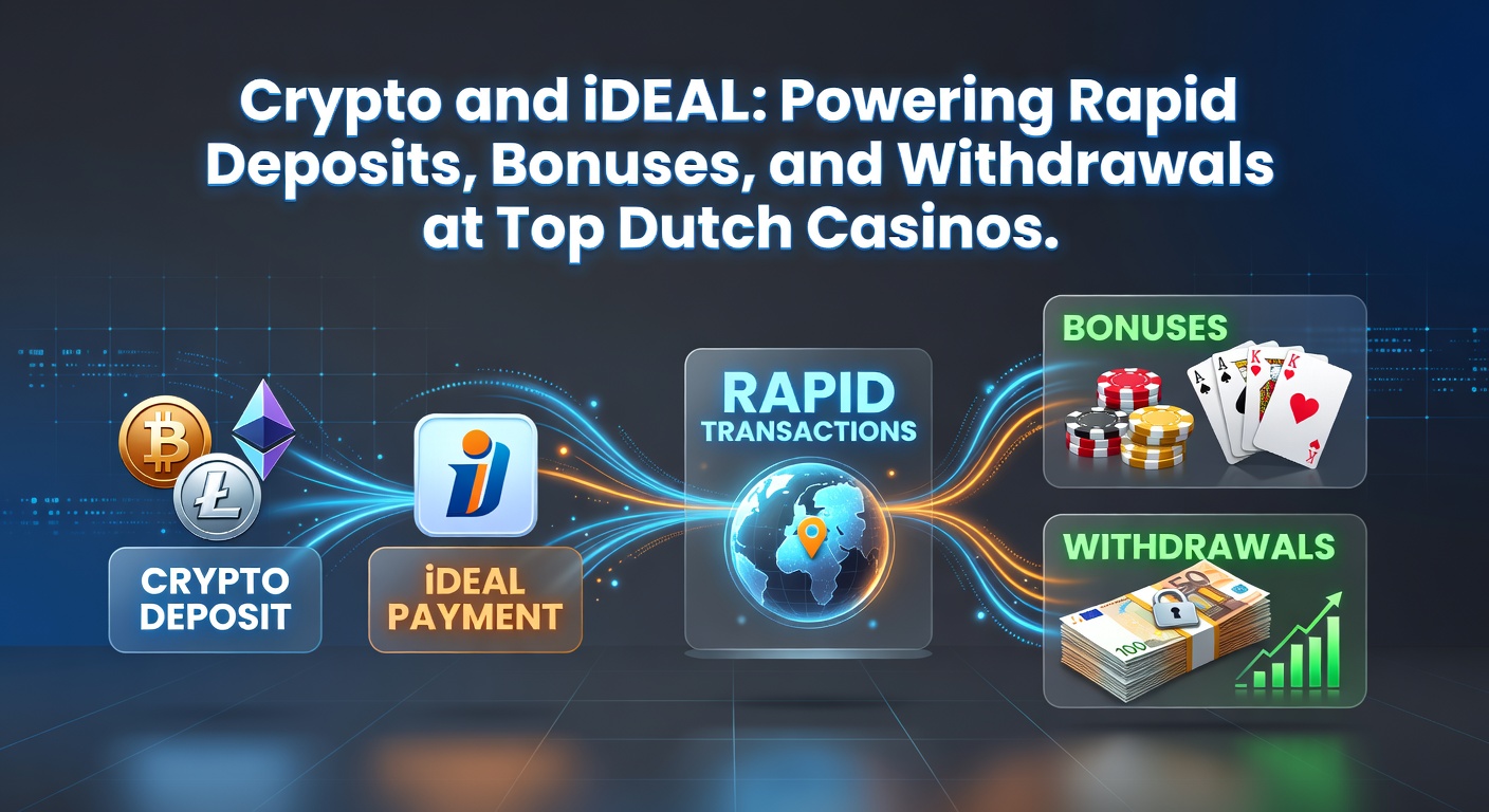 Schermafbeeldingen van iDEAL en crypto wallets geïntegreerd in een Nederlands online casino dashboard, met bonussen en uitbetaalopties zichtbaar