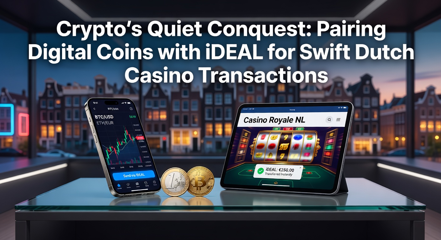 Grafische weergave van cryptocurrency-symbolen die samenkomen met het iDEAL-logo, symboliserend snelle casino-transacties in Nederland