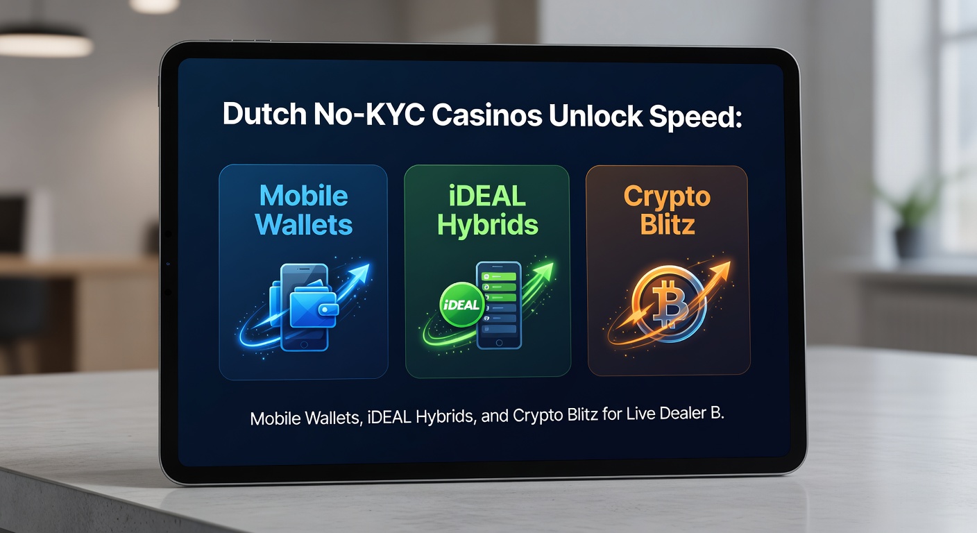 iDEAL betaalicoon vermengd met crypto-symbolen en live dealer interface, illustrerend hybride snelheid in Nederlandse no-KYC omgeving