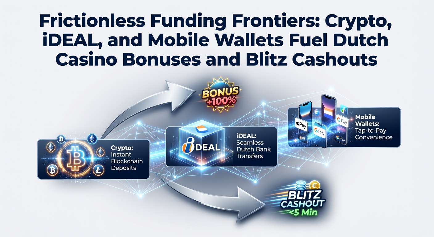 Grafiek met crypto-symbolen, iDEAL-logo en mobiele wallet-apps die snelle casino-transacties illustreren in Nederland