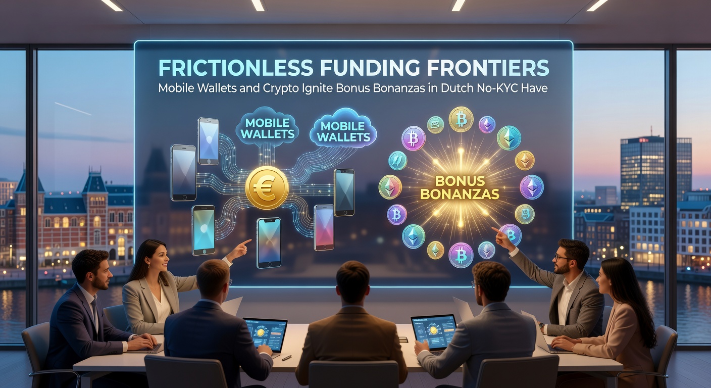 Grafiek met stijgende crypto- en wallet-transacties in no-KYC casinos, met bonuspercentages en Nederlandse vlag op de achtergrond