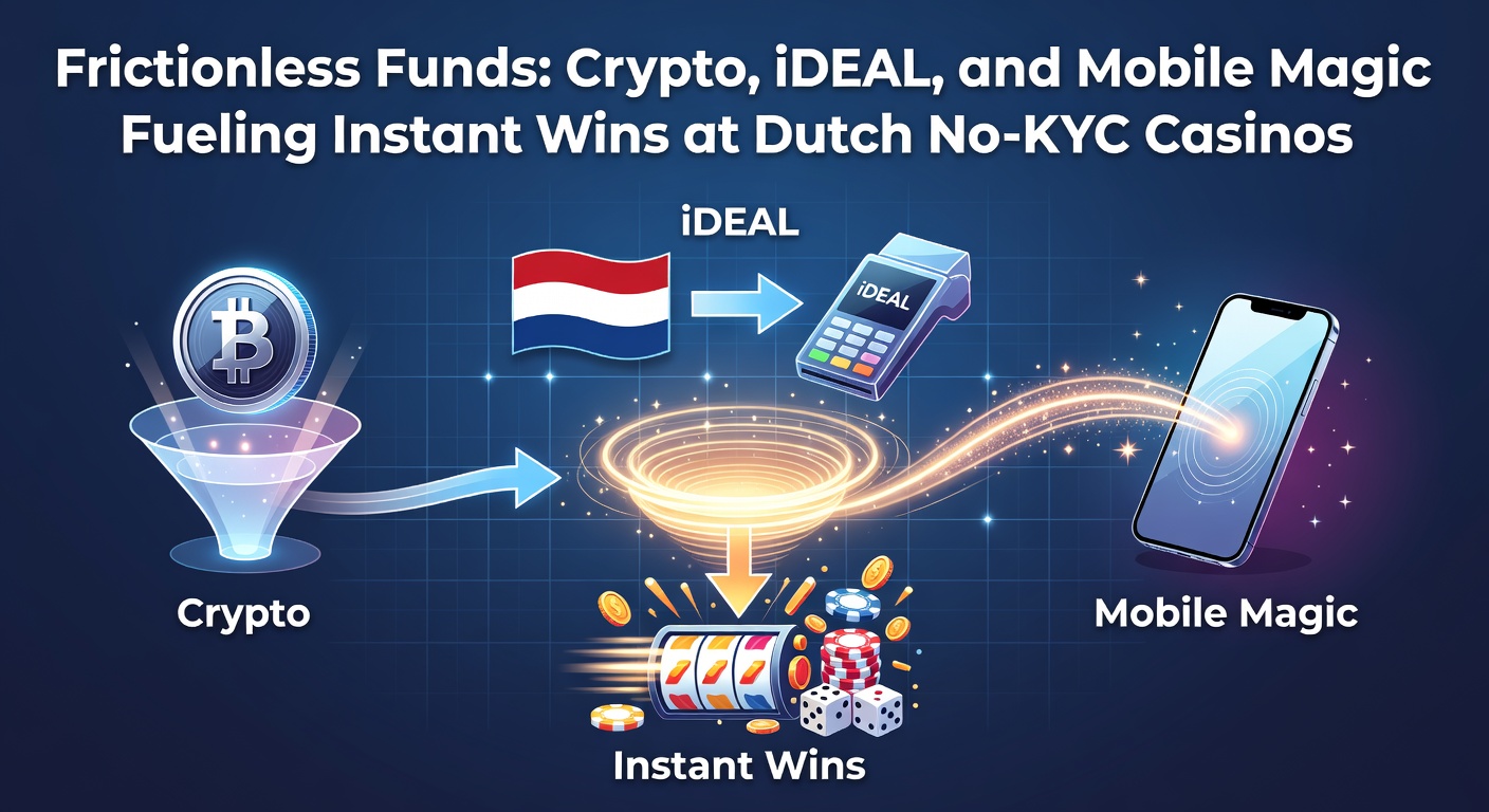 Dynamische scène van snelle crypto-transacties en iDEAL-betalingen op mobiel bij een Nederlands no-KYC casino, met flitsende slots en directe winsten