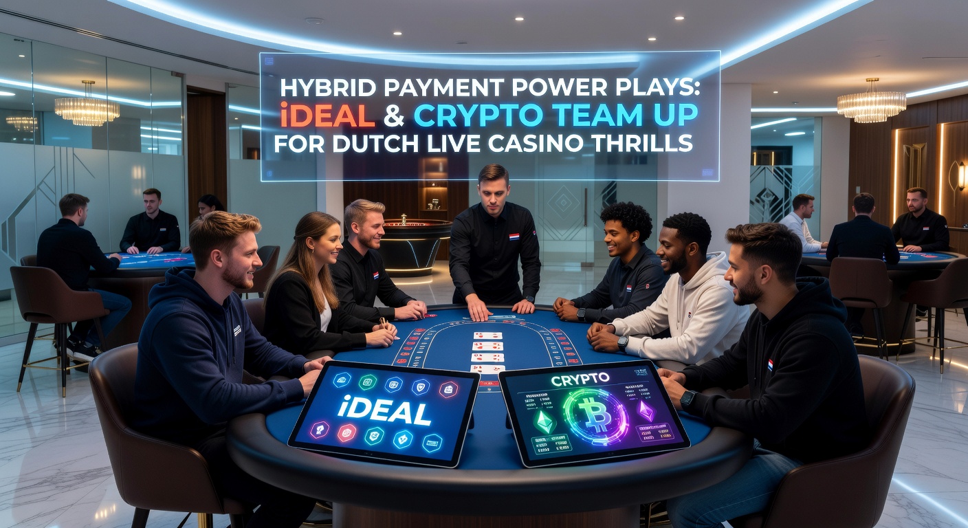 Live casino tafel met dealer en schermen die iDEAL en crypto betalingen weergeven, met spelersinterfaces op voorgrond