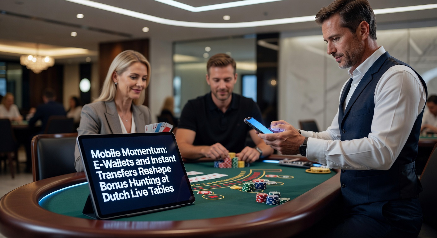 Smartphone met e-wallet app toont live casino tafel en bonuspictogram, symboliserend snelle mobiele betalingen in Nederland