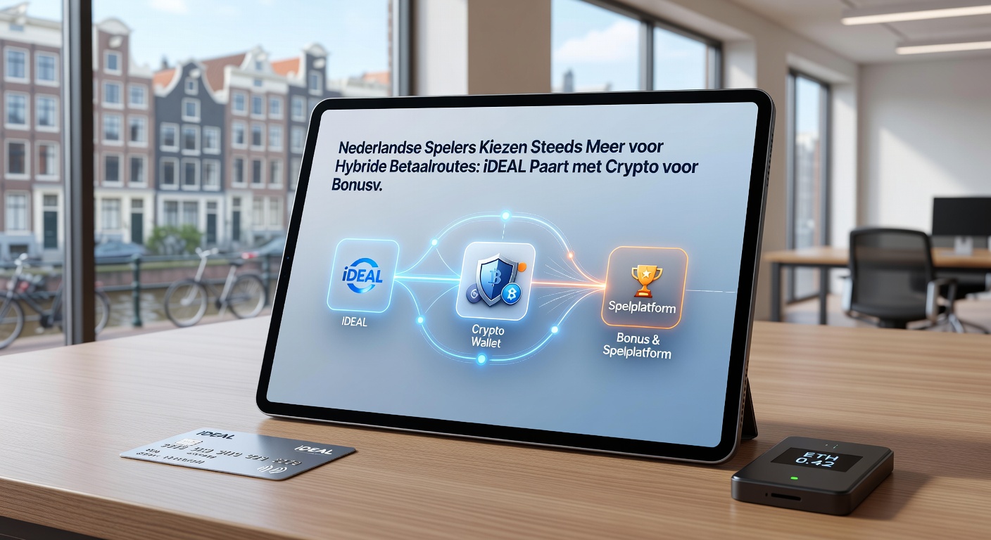 Spelers op mobiel schermen met iDEAL en crypto iconen naast casino slots en bonussen, illustrerend hybride transacties