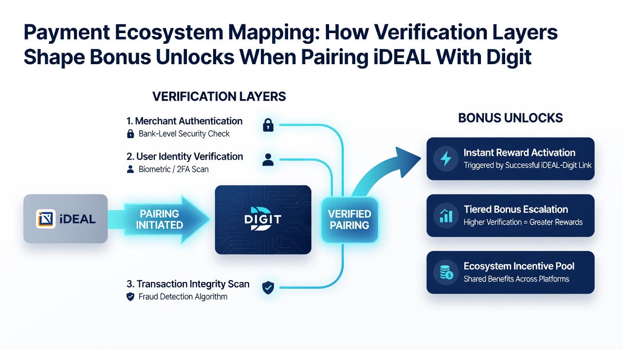 Diagram van verificatielagen en bonusontgrendeling bij iDEAL-crypto combinaties
